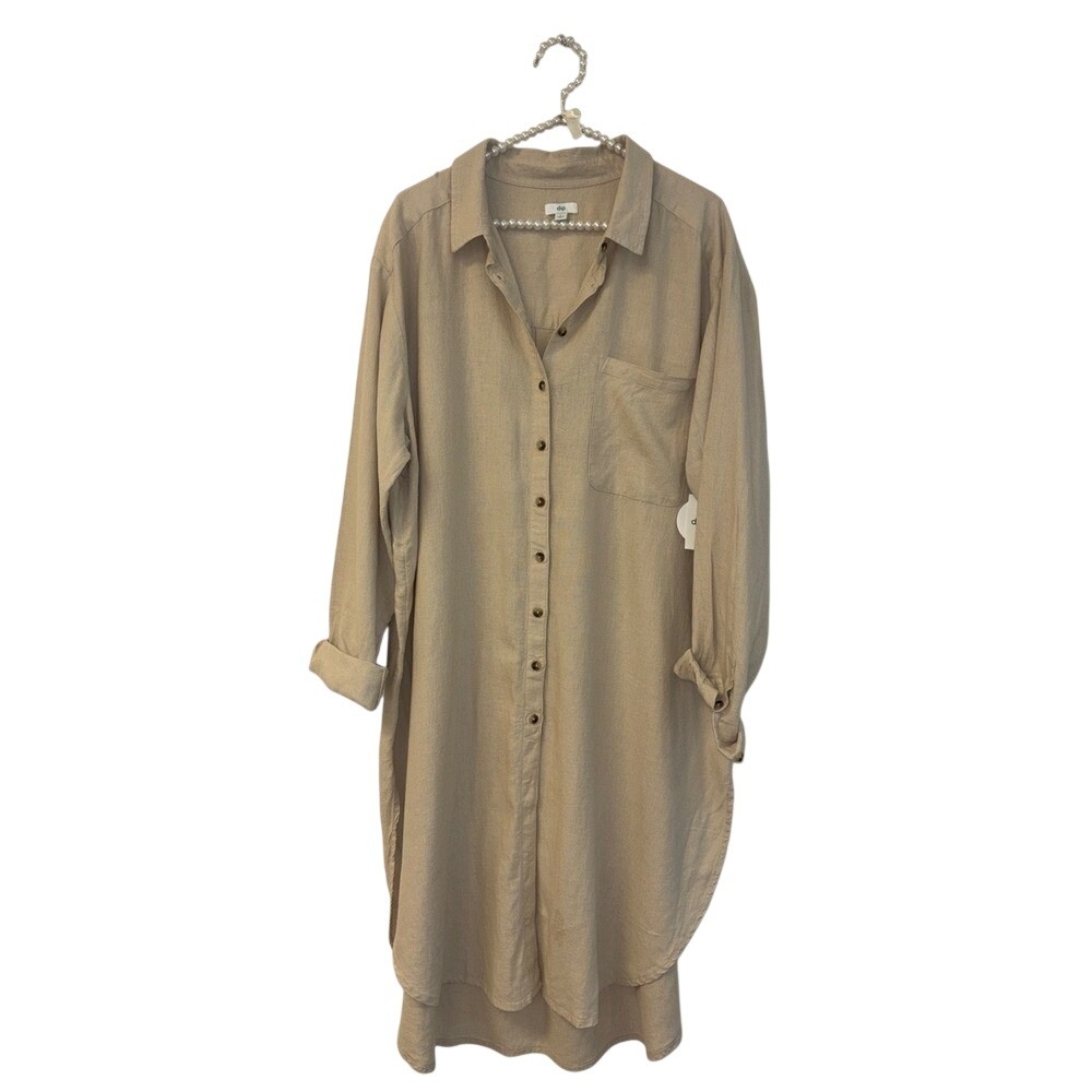 dip Beige Linen Long Button-Up Shirt Dress LG NWT NEW oversized cottage peasant